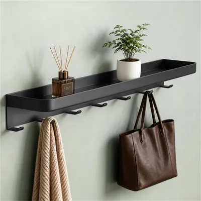 Produktbild von Mai & Mai Wandgarderobe mit Ablage, Garderobenleiste Inkl.7 Garderobenhaken Schwarz 50cm, Reglo-20