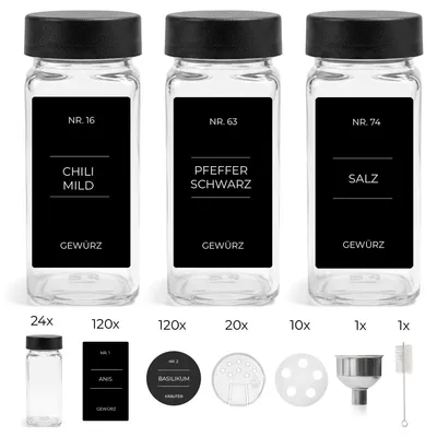 A collection of spice jars and accessories arranged on a white background.