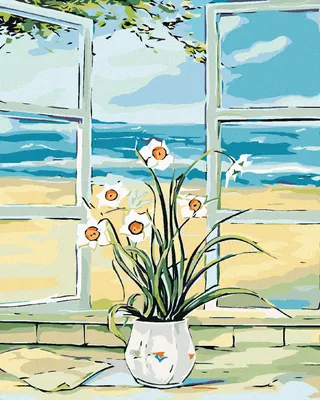 Immagine prodotto di Zuty - Pittura con diamanti - NARCIS ALLA FINESTRA SULLA SPIAGGIA, 40x50 cm, senza cornice e senza tela