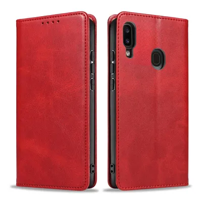 A red flip case for a Samsung Galaxy A40 phone is shown from the front and back.