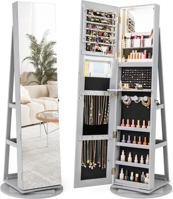 Produktbild von GOPLUS Schmuckschrank mit Ganzkörperspiegel, 360° drehbarer Spiegelschrank mit 3-farbigem LED-Licht, abschließbarer Schmuck Organizer aus Holz (Grau)