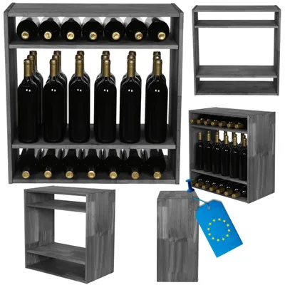 Produktbild von MODO24 Weinregal 32 Flaschen, Flaschenregal, Weinschrank, Getränkeregal, Kellerregal, Stapelbar, Massivholz, 60x60x30 cm, Grau, RW61