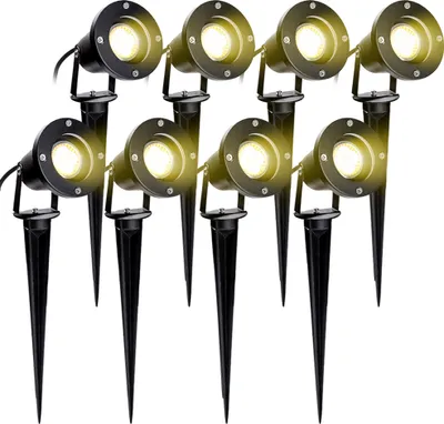 Obrázek produktu pro VINGO balení 8 zahradních reflektorů se zemním bodcem 4W GU10 LED IP65 vodotěsné zahradní osvětlení se zástrčkou teplá bílá 3000K venkovní světlo pro strom, jezírko, zahradu [energetická třída A++]