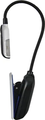 A close-up studio shot of a black and silver LED book light with a clip.