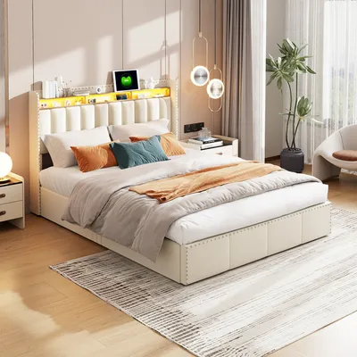 Zdjęcie produktu dla Łóżko dwuosobowe ProximaX 140x200 cm z beżowego aksamitu z oświetleniem LED, zagłówkiem ozdobionym nitami i schowkiem gazowym - nowoczesne łóżko tapicerowane z komfortem i elegancją