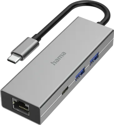 A silver USB-C hub with multiple ports is shown against a white background.