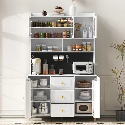 Produktbild von Hochschrank mit Lochbrett und Massivholzbeine, Barschrank mit Stauraum, Küchen-Buffetschrank mit Schubladen, Ideal für Küche und Esszimmer (Weiß)