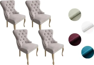 Produktbild von Chesterfield Stuhl MADAME 2 (4 Stück) – eleganter Polsterstuhl im Glamour-Stil, Samt Hellgrau, Holzbeine in hellem Rustikal-Finish, Komfortsitz