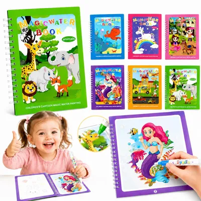 Produktbild von Magisches Wassermalbuch - 6-teiliges Set mit 6 Wasserstiften - Wiederverwendbares Lernspielzeug für Kinder ab 3 Jahren