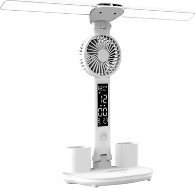 Produktbild von Schreibtischlampe 4 in 1 Dual Swing Arm LED Tischlampe mit Uhr und Ventilator,3200mAh