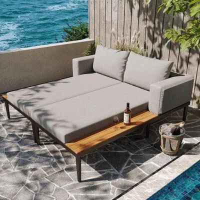 Produktbild von Zweisitzer-Terrassenliege, Wasserdichter Schlafsessel, zweisitziger Lounge-Schlafsessel, multifunktioneller Terrassenliegesessel, zweisitziger Schlafsessel mit Holzplatten, Terrassenliegesessel für den Balkon und die Gartenliege