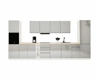 Produktbild von Küche 440 cm Einbauküche ohne Arbeitsplatte ohne E-Geräten Küchenzeile, Aspen KA23-M440, Grau/Hochglanz