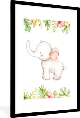 Produktbild von MuchoWow® Gerahmtes Poster Elefant - Blumen - Aquarell 60x90 cm - Poster mit Schwarzem Bilderrahmen Wandposter Rahmen Foto Bilder - Dekoration - Wandposter Wohnzimmer - Hochwertig