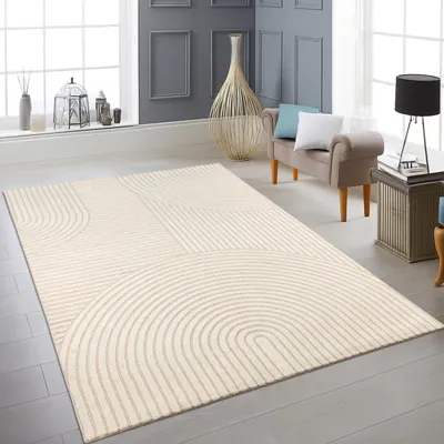 Produktbild von Teppich creme mit 3D-Linienmuster weich & elegant für Wohnzimmer Größe - 200 x 290 cm