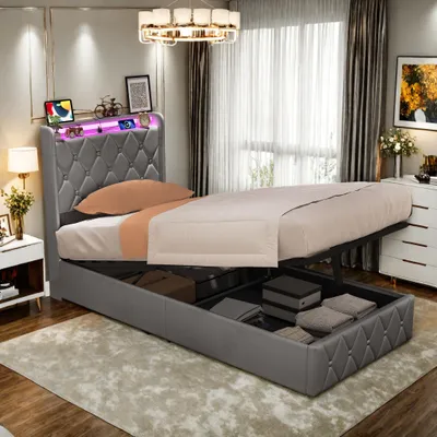 Imagen del producto de REMZETTA, cama tapizada de 90 x 200 cm, cama individual con cajón y mecanismo hidráulico elevable, cabecero acolchado, terciopelo, gris
