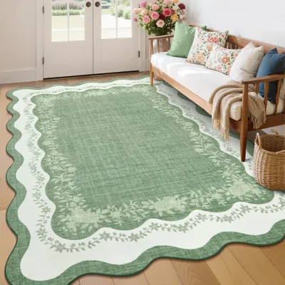 Teppich 160x230 cm, Blumenrand, Niedrigflor, rechteckig, grün