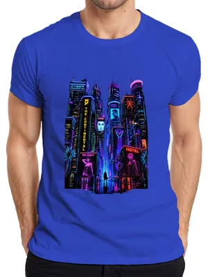 Immagine prodotto di T-shirt da uomo, stile cyberpunk, con immagine di un paesaggio urbano futuristico con luci al neon, ispirato al Giappone degli anni 2000 e alla musica synthwave, colore blu, taglia 3XL