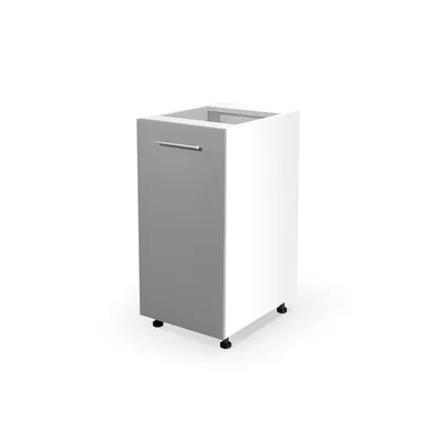 A white and light gray kitchen cabinet with a silver handle, shown on a white background.