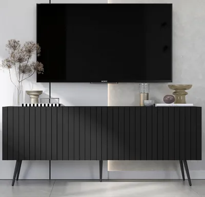 Produktbild von TV-Schrank Glamour RTV RTV-Schrank Elpis - Viertürig - Modern - Lindner Möbel - 150cm x 60,5cm x 36,5cm, Farbe: Schwarz matt, Schwarz Metallbeine