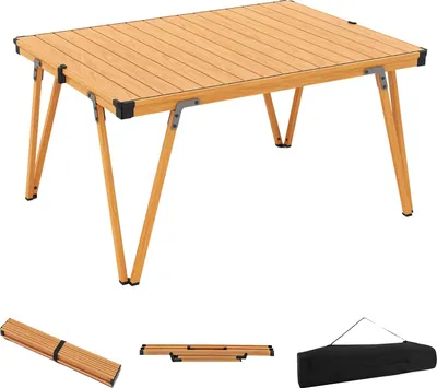 Produktbild von GOPLUS Campingtisch klappbar, 93 x 69 x 47,5 cm Klapptisch Outdoor aus Aluminium bis 80kg belastbar, Picknicktisch leicht tragbar mit Tasche, Natur