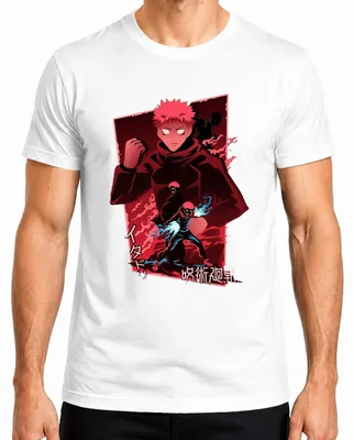 Imagen del producto de Camiseta para hombre, diseño de anime "Jujutsu Kaisen", con la imagen de Itadori Yuji, estilo oscuro y con llamas, color blanco, talla L