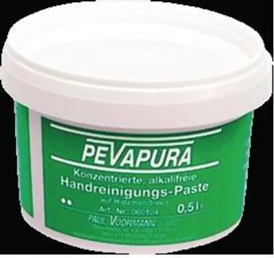 A white plastic tub with a green label containing product information.