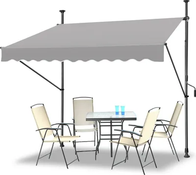 An outdoor dining set with a canopy.