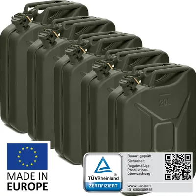 Produktbild von BW® Kraftstoffkanister Metall Benzinkanister 5x 20 Liter - Bronzegrün RAL 6031-F9 - UN-Zulassung - Hergestellt in Europa