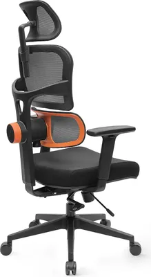 A black ergonomic office chair with orange accents, shown from a side angle against a white background.