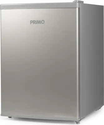 A silver Primo mini-refrigerator is shown from a three-quarter angle against a white background.