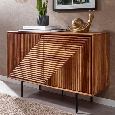 Immagine prodotto di FineBuy Credenza in legno massiccio di Sheesham da 100 cm con 2 ante - Cassettiera in legno massiccio retrò con gambe nere - Credenza di design naturale - Realizzata a mano Industriale