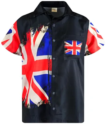 Produktbild von King Kameha Hawaiihemd "Flag UK" in Schwarz Herren Hawaii-Hemd Kurzarm Front-Tasche