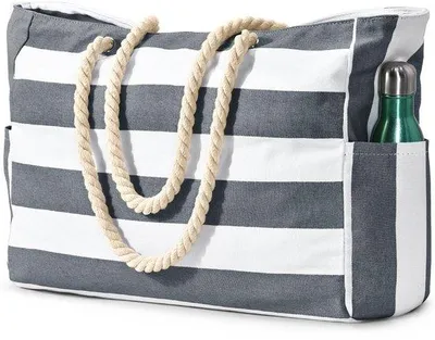 Obrázok produktu pre Unyqoos® Veľká, vodeodolná plážová taška, 50 x 36 x 18 cm – odolný polyester, zips, bočné vrecká a vnútorné vrecko, tmavosivá, vhodná pre rodiny a na cestovanie