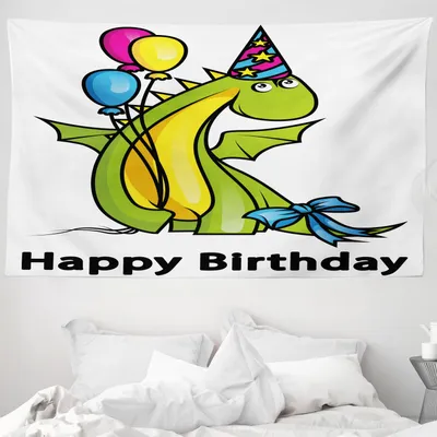 Produktbild von ABAKUHAUS Geburtstag Wandteppich, Geburtstags-Dinosaurier aus Weiches Mikrofaser Stoff Waschbar ohne Verblassen Digitaldruck, 230 x 140 cm, Farngrün Gelb