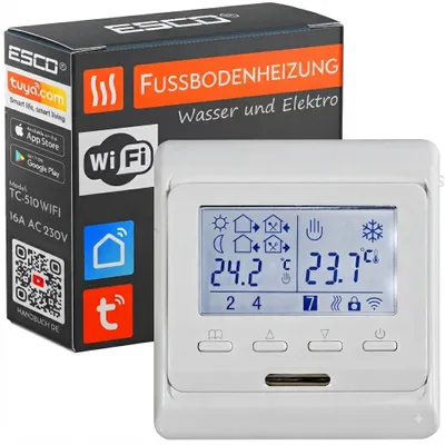 Produktbild von WIFI Raumthermostat TC-510+ Weiß für elektrische Fußbodenheizung, 16A/3600W, App-Steuerung, Wochenprogrammierung, LCD-Display, Unterputzmontage WLAN