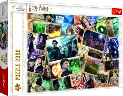 A collage of images from the Harry Potter universe, featuring characters and scenes, presented on a puzzle box.