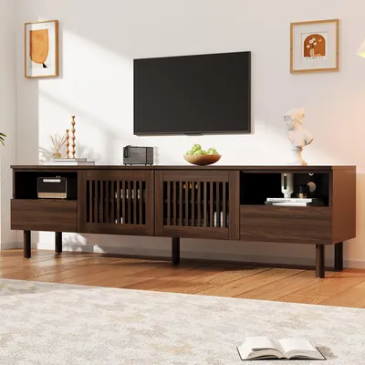 Produktbild von MODFU TV-Lowboard 180 × 40 × 51 cm, TV-Schrank mit 2 Gittertüren, 2 Schubladen und offenen Ablagefächern,Fernsehbank für 55–75 Zoll, MDF, Walnuss