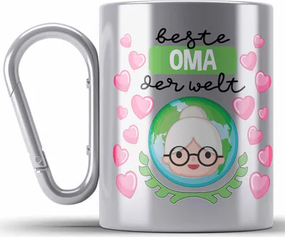 Produktbild von Trendation - Für Die Beste Oma Der Welt Edelstahl Tasse Karabiner Geschenk Geschenkidee Von Enkel Enkelin (Silber)