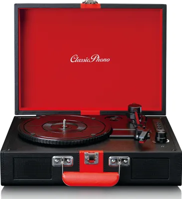 A vintage-style record player is shown open with the lid up, displaying the turntable and tonearm.