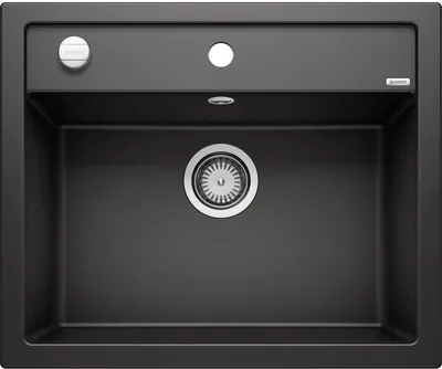 A top-down view of a black kitchen sink with a drain and faucet.