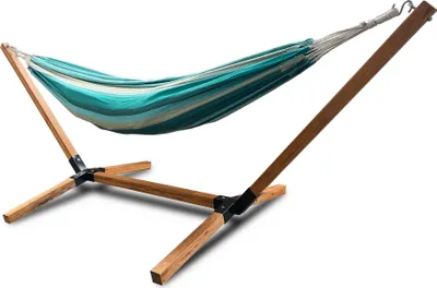 Produktbild von Rijoka Hängematte mit Gestell – Gartenliege mit Holzständer – 150kg Belastung – 270x100x95cm