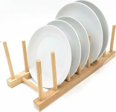 Image de Organisateur de cuisine en bambou - égouttoir pour assiettes, tasses & ustensiles de cuisine