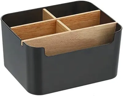Produktbild von Schreibtisch Organizer, 5 Fächer Bambus Büro Organizer mit Stifthalter, Aufbewahrungsbox Desk Organizer für Stifte, Kosmetika, Haftnotizen (Schwarz)