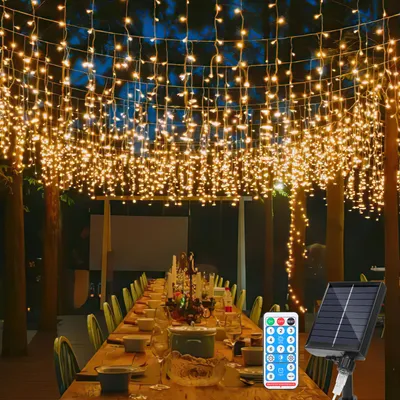 Obrázek produktu pro Jayseuw 10M solární LED ledový déšť víla světla venkovní vnitřní teplé bílé světlo opona 400 LED rampouch vánoční světla 8 modů vánoční dekorace strana zahrada