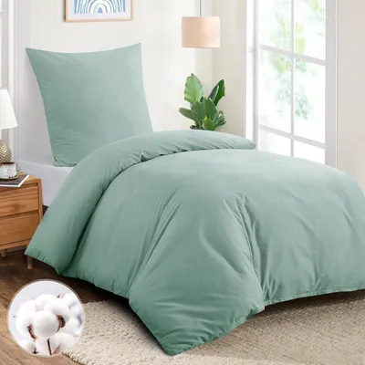 Obrázek produktu pro Sada povlečení 155x220 cm, bavlna, zelená, včetně povlaků na polštáře 80x80 cm, se zapínáním na zip, OEKO-TEX