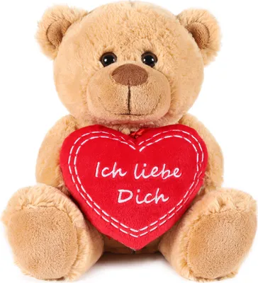 A teddy bear holding a red heart with text on it, against a white background.