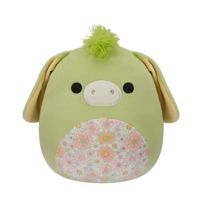 A plush toy donkey with a floral pattern on its belly, set against a white background.