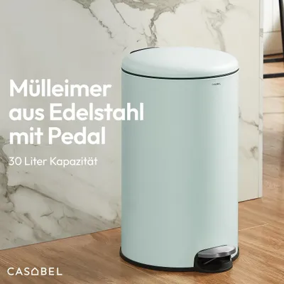 Produktbild von CASABEL Mülleimer Küche 30L, 100% Edelstahl, Resistent gegen Fingerabdrücke, Runder Treteimer mit Fußpedal, Abfalleimer mit Deckel für Bad, Küche, Büro, Mintgrün