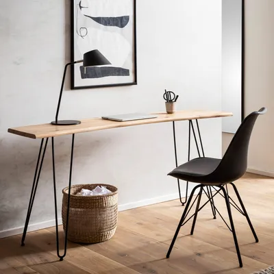 Produktbild von WOHNLING Schreibtisch 150x36x75 cm Akazie Massivholz / Metall Computertisch Baumkante Homeoffice Bürotisch Massiv mit Haarnadelbeinen in Schwarz