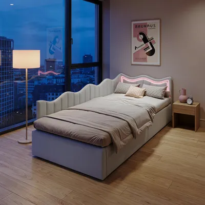 Produktbild von INONEFT Polsterbett, Schlafsofa Daybett 90x200cm mit Lattenrost, Tagesbett Kinderbett mit LED-Beleuchtung und hydraulischem Stauraum, Teddystoff, Weiß